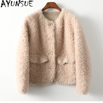 AYUNSUE Короткие шерстяные пальто для женщин 2023 Осень-зима Повседневная 100% куртка для стрижки овец Меховая шуба с круглым вырезом в корейском стиле Casacos