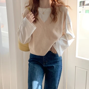 7 цветов 2021 корейский стиль преппи V-образный вырез грязный цвет свободный Базовый жилет свитера женские вязаные свитера женские пуловеры (C1903)