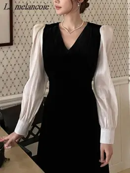 Элегантное шикарное длинное платье для женщин осень весна 2024 Новая мода Корейская Макси Платье с V-образным вырезом Длинный халат с пузырчатым рукавом