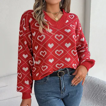 2023 Новый стиль осень-зима свободный свитер женский сердце хлопок мода женские пуловеры женские свитера с V-образным вырезом Топ женский наряд