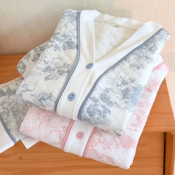2024 Новая воздушная хлопковая пижама женская осень-зима с длинными рукавами утолщенная трехслойная хлопчатобумажная одежда для сна в китайском стиле комплект домашней одежды