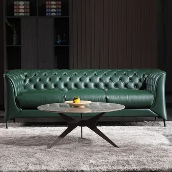 Светлый роскошный диван Итальянский современный стиль Большая квартира Натуральная кожа Гостиная в гонконгском стиле Полный диван Темно-зеленый