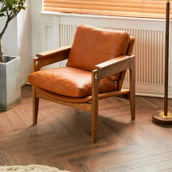 Скандинавское кресло-диван в стиле ретро, кожаное кресло B&B отеля, небольшая квартира, повседневный массив дерева