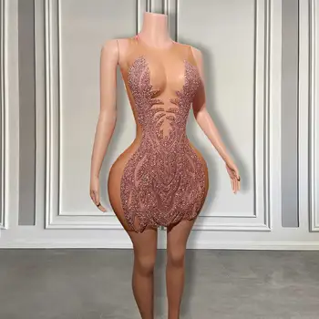 Блестящее бисерное короткое платье для выпускного вечера африканских женщин 2024 Сексуальные прозрачные сетчатые платья для коктейлей на день рождения с о-образным вырезом