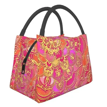  Ярко-розовые и золотые изолированные сумки для ланча в стиле барокко с цветочным рисунком для женщин Портативный холодильник Термальная еда Ланч-бокс Больница Офис