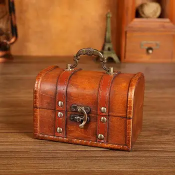 Ретро сундук с сокровищами с замком Винтажная деревянная коробка для хранения Ювелирные изделия в античном стиле для лучшей сохранности Коллекция монет