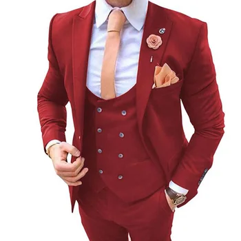  Китайский Красный Двубортный Slim Fit Повседневные Костюмы Для Мужчин Свадебный Жених Последний Дизайн 3 Шт./Комплект Vestido De Noiva 2023