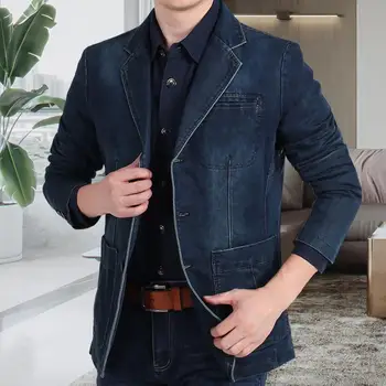  Модный костюм Пальто Лацкан Мужской джинсовый блейзер Slim Fit Чистый цвет Джинсовая куртка