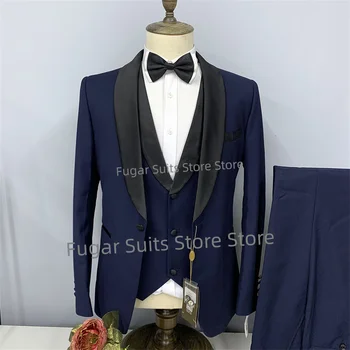 2023 Новый темно-синий свадебный костюм для мужчин Slim Fit Черная шаль Смокинги с одной грудью Смокинги 3 шт. Роскошный мужской блейзер Костюм Homme