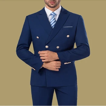двубортный темно-синий остроконечный лацкан повседневные наряды обычной длины 2 шт. куртка брюки офисные наряды блейзер мужская одежда