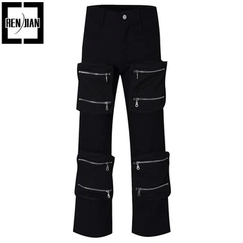 Мужская мода Хип-хоп джоггеры с карманами Однотонные повседневные брюки Y2K Свободный крой Брюки Harajuku