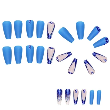 Синие французские носимые ногти Накладные ногти Типсы для накладных ногтей с полным покрытием Типсы для ногтей Арт Готовые ногти