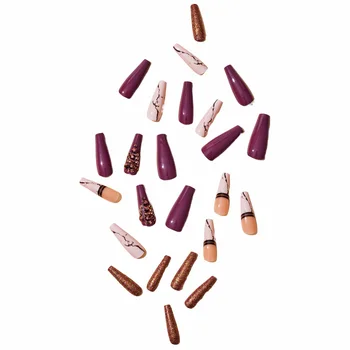 Marron & Pink Длинные накладные ногти Блестящие и живые ногти с визуальным эффектом для свиданий День святого Валентина Новый год