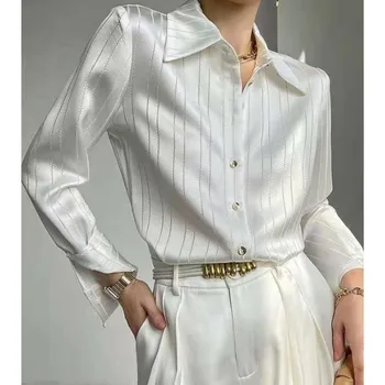 Простая весна-осень атласная рубашка с имитацией уксусной кислоты женский дизайн маленькая повседневная блузка полосатая рубашка с длинным рукавом