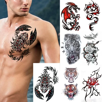 Царь скорпионов Поддельные временные татуировки для мужчин и женщин 3D Огонь Дракон Тотем Тигр Татуировка Наклейка Грудь Рука Лотос Роза Цветок Тату