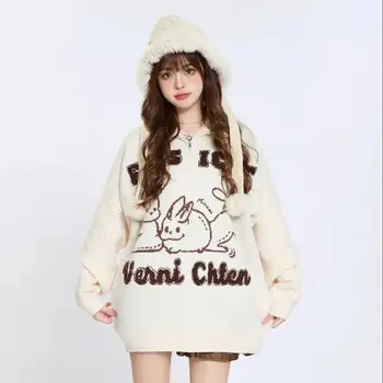 мультяшные милые свитера с лацканом кролика для зимы Polo Neck Loose Oversize Y2K Top Korean Fashion Kawaii Jumper