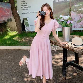 Винтажное элегантное платье с коротким рукавом с V-образным вырезом и коротким рукавом для женщин 2023 Лето Slim Fit Повседневные длинные платья корейского стиля A-line 9039