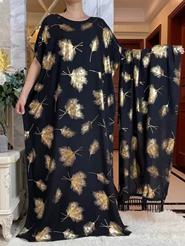 2024Новое летнее платье Abaya с коротким рукавом хлопковое свободное платье с большим шарфом золотое тиснение цветочный бубу макси ислам женская одежда