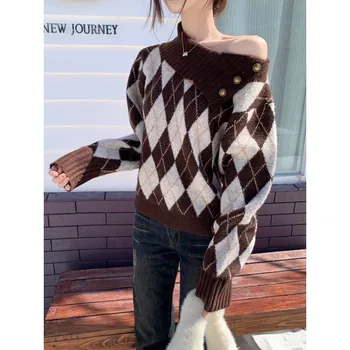 корейский контрастный цвет в клетку свободный свитер с длинными рукавами женский 2024 весна новый косой воротник без бретелек на пуговицах повседневные трикотажные топы