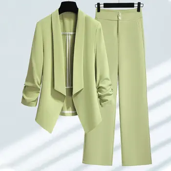 Женщины Весна Лето Зеленый Блейзер Брюки Два Предмета Комплекты 2023 Офис Леди Изящный Тонкий Костюм Пиджак Брюки Наряды Рабочая одежда