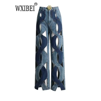 WXIBEI Весенние полые джинсы для женщин Высокая талия Пэчворк Молния Повседневные широкие брюки Женская модная одежда Новый FC940