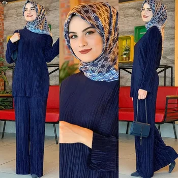  Мусульманский комплект Кафтан 2 шт. Набор Ид с длинными рукавами Халат Однотонное платье Костюм Национальный стиль Повседневные платья для вечеринок для женщин Abaya