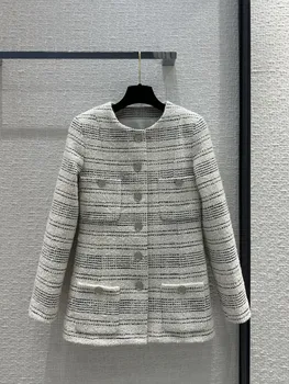 Куртка средней длины дизайн шерстяной твидовой ткани повседневная мода 2024 осень новая горячая1225