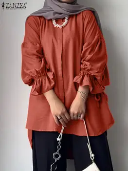ZANZEA Мода С длинным рукавом Однотонная мусульманская блузка Весна Женщины Элегантная рубашка с воланами Повседневные пуговицы Вниз Blusas Женские топы Abaya