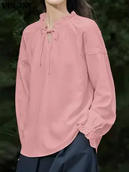 VONDA Стильная повседневная блузка с оборками Женские элегантные топы-туники 2023 Длинные рукава Свободные однотонные рубашки Autumn Blusas Femininas