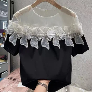 2023 Новая модная тонкая сетка с круглым вырезом и бисером 3D цветок с коротким рукавом шифоновая рубашка для женщин