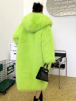 зима новая мода зеленый искусственный мех пальто длинная куртка с капюшоном женская одежда бесплатная доставка