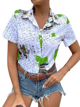 2023 Лето Элегантные Женщины С Коротким Рукавом V-образным вырезом Полиэстер Печатные рубашки Женские топы Блузка Женщины