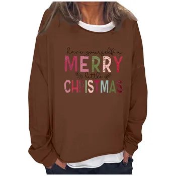 Женские рождественские толстовки с капюшоном Зимняя рубашка с круглым вырезом Легкая классическая толстовка с длинными рукавами с принтом Однотонный топ-свитер