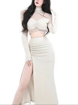Летний комплект из двух частей в корейском стиле Женский облегающий элегантный сексуальный костюм с длинной юбкой для вечеринок Y2k Белая блузка + белая юбка с рыбьим хвостом 2023