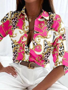 Женская рубашка Темперамент Свободная повседневная блузка Женская леопардовая рубашка с принтом на пуговицах Рубашка с длинным рукавом Элегантные винтажные топы