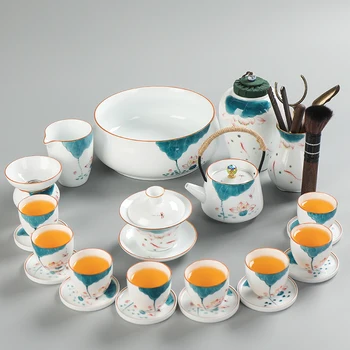 Чистый нарисованный вручную узор лотос рифма керамический полный набор чайного сервиза кунг-фу ручной работы подглазурный домашний подарочный чайный набор для