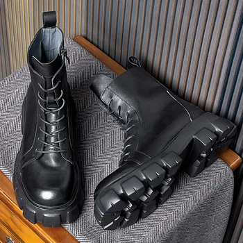 платформа Мужские ботинки челси Роскошные натуральные кожа Дизайнер Британский стиль Удобная лодыжка Ретро Работа Повседневная деловая обувь Мужчина