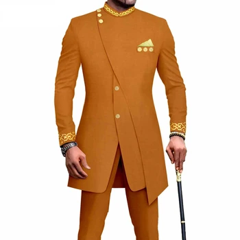 Роскошные африканские костюмы для мужчин Длинное пальто Классический смокинг Однотонный сплошной цвет Изготовленный на заказ Куртка из двух частей Брюки Обычный блейзер Hombres