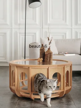 Гостиная Массив дерева круглый Стекло Кофе Современный чайный стол Домашний приставной столик для кошек круглый