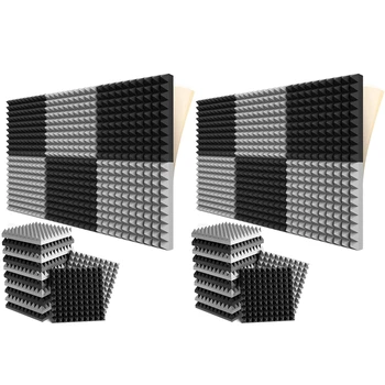 24 Упаковка самоклеящихся звукоизоляционных пенопластовых панелей 2X12X12 дюймов Акустическая пена пирамидального дизайна, для домашней студии, черный + серый