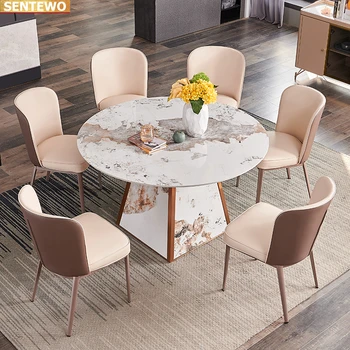 Дизайнер Роскошный круглый ужин Мраморная каменная плита обеденный стол набор 4 6 стульев mesa tavolo мебель meuble Нержавеющая сталь золотое основание