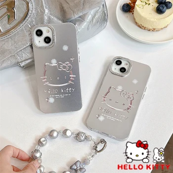 ins Sanrio Hello Kitty Чехол для телефона для Iphone 15 14 13 12 11 Pro Max Xr Xs X Kawaii Аниме Противоударная Серебряная Оболочка Y2K Подарок для девочки