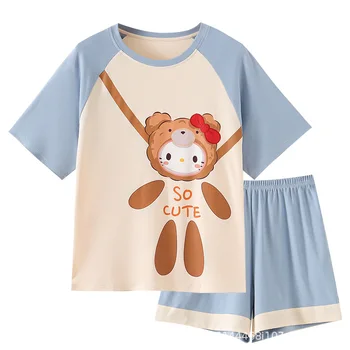 Kawaii Hello Kitty Пижамы Женская летняя футболка Шорты 2022 Новый летний милый мультяшный набор домашней одежды Гребенчатый хлопок Подарок на день рождения