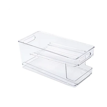 В холодильнике прозрачные высокие контейнеры - штабелируемые контейнеры для кухни и домашнего хранения для организации банок с газировкой