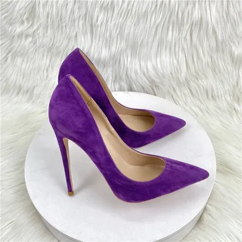 женская элегантная обувь фиолетового цвета острый носок высокий каблук 12 см одинарная обувь замшевые туфли