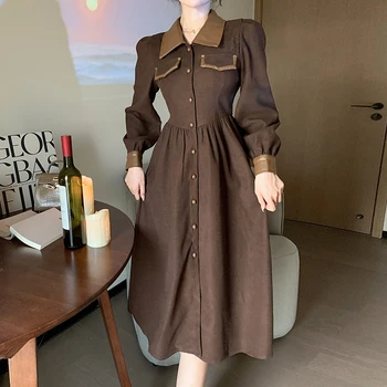  Новый осенне-зимний французский платье-рубашка с отложным воротником Высокое качество Женщины Однобортный Кожаный Пэчворк Офис Midi Vestidos