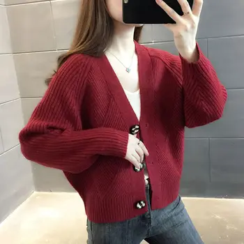 Трикотажный укороченный кардиган Женщины Корейская мода Короткий свитер Длинный рукав V-образный вырез Однобортные повседневные тонкие топы U670