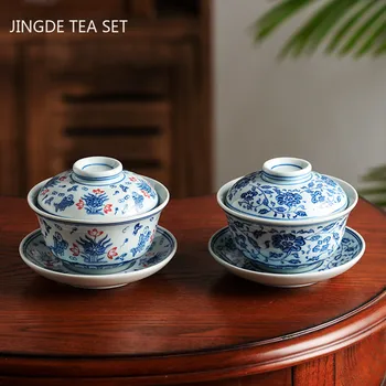 Цзиндэчжэнь Синий и белый фарфор Gaiwanь Керамическая чайная чашка ручной работы Дорожная чайная чаша Китайская посуда для чая Персональная чашка 200 мл