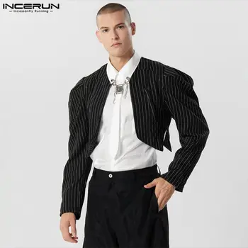 INCERUN Топы 2023 Модный красивый мужской полосатый пиджак без воротника Стильный мужской нерегулярный укороченный костюм с длинными рукавами S-5XL