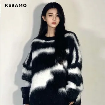 Женские винтажные вязаные повседневные пуловеры с длинным рукавом 2023 осень-зима мода с круглым вырезом Y2K Женский свободный свитер топ